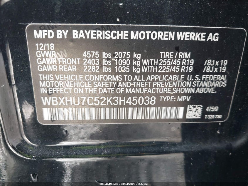 2019 BMW X1 Sdrive28I VIN: WBXHU7C52K3H45038 Lot: 44498539