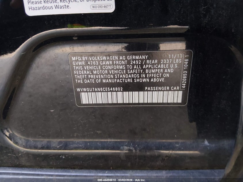 2012 Volkswagen Cc Vr6 Executive VIN: WVWGU7AN6CE546802 Lot: 44498618