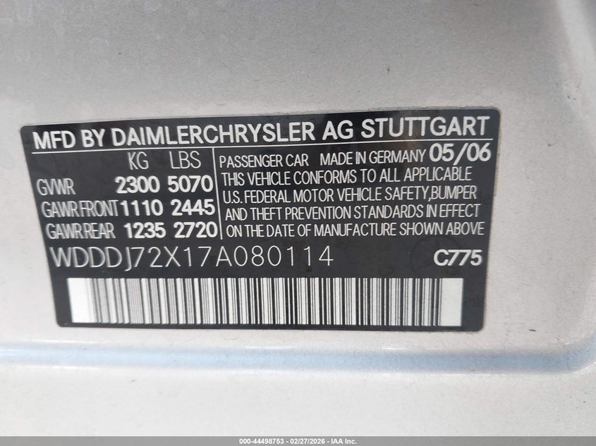 2007 Mercedes-Benz Cls 550 VIN: WDDDJ72X17A080114 Lot: 44498753