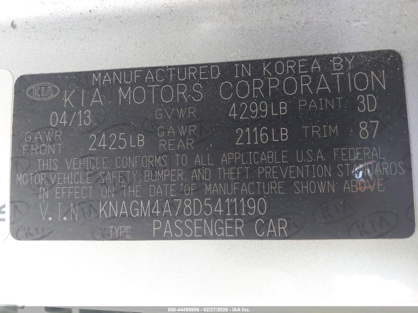 2013 Kia Optima 2.4 Lx Silver Lot 111044498956 Vin 5XXGM4A75DG236489