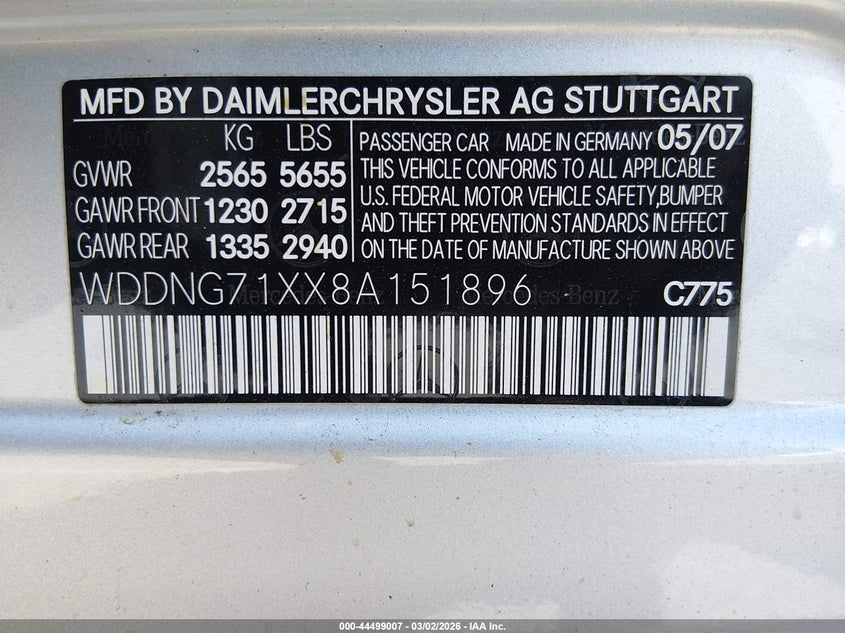 2008 Mercedes-Benz S 550 VIN: WDDNG71XX8A151896 Lot: 44499007