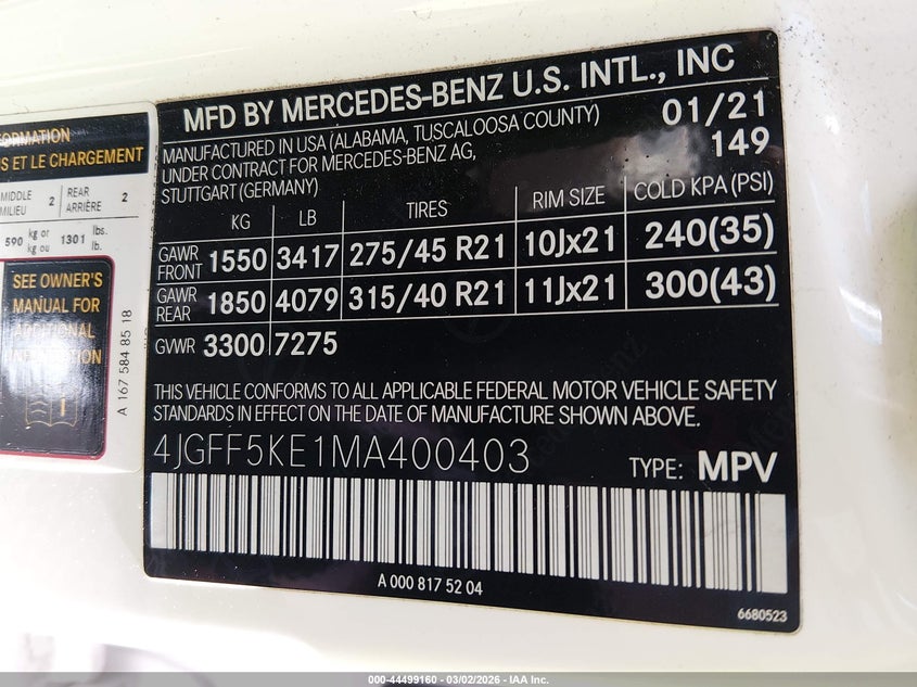 2021 Mercedes-Benz Gls 450 4Matic VIN: 4JGFF5KE1MA400403 Lot: 44499160