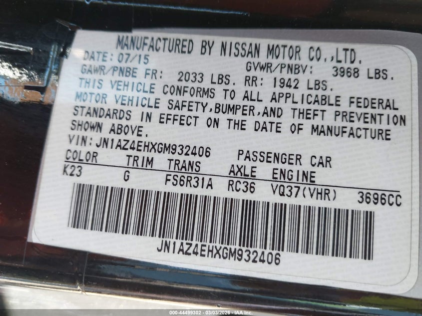 2016 Nissan 370Z Sport VIN: JN1AZ4EHXGM932406 Lot: 44499302