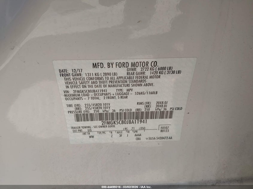 VIN 2FMGK5C80JBA11941 2018 FORD FLEX SEL