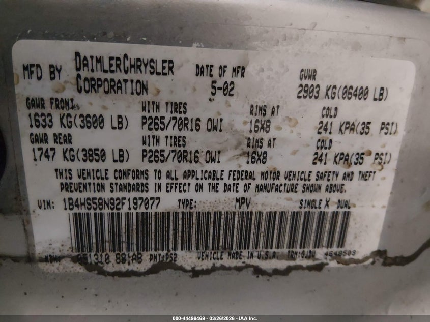 2002 Dodge Durango Slt Plus VIN: 1B4HS58N92F197077 Lot: 44499469