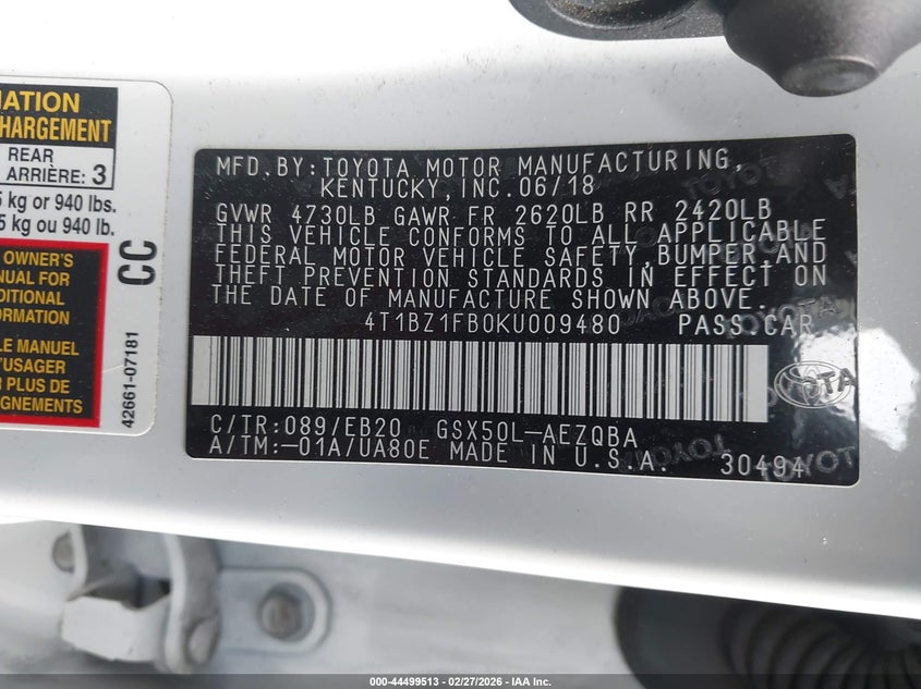 2019 Toyota Avalon Xse VIN: 4T1BZ1FB0KU009480 Lot: 44499513