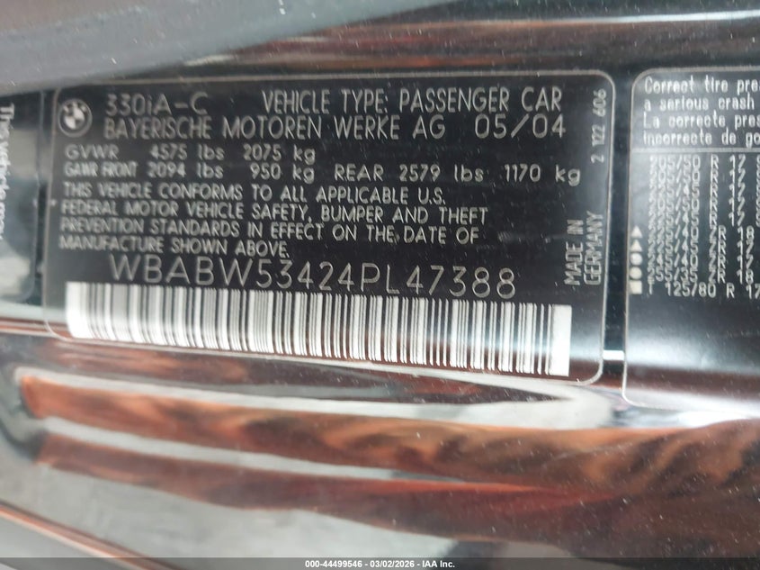 2004 BMW 330Ci VIN: WBABW53424PL47388 Lot: 44499546