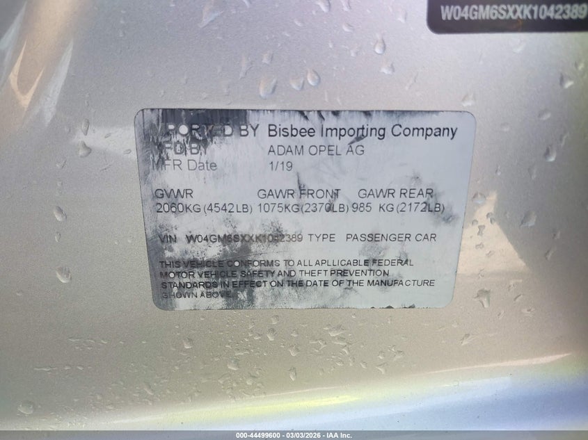 2019 Buick Regal Sportback Preferred Ii VIN: W04GM6SXXK1042389 Lot: 44499600