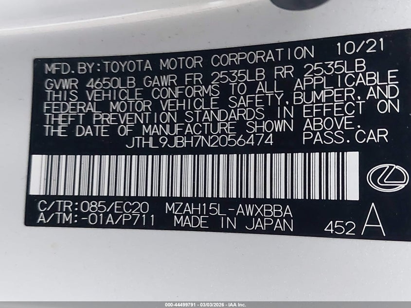 2022 Lexus Ux 250H Luxury VIN: JTHL9JBH7N2056474 Lot: 44499791
