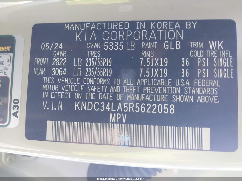 2024 Kia Ev6 Wind VIN: KNDC34LA5R5622058 Lot: 44500067