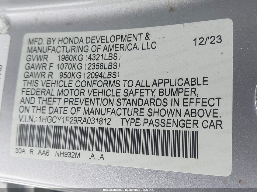 VIN 1HGCY1F29RA031812 2024 HONDA ACCORD LX