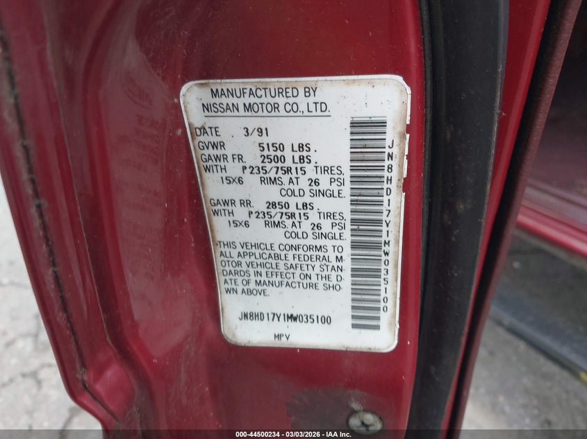 1991 Nissan Pathfinder Xe/Se VIN: JN8HD17Y1MW035100 Lot: 44500234