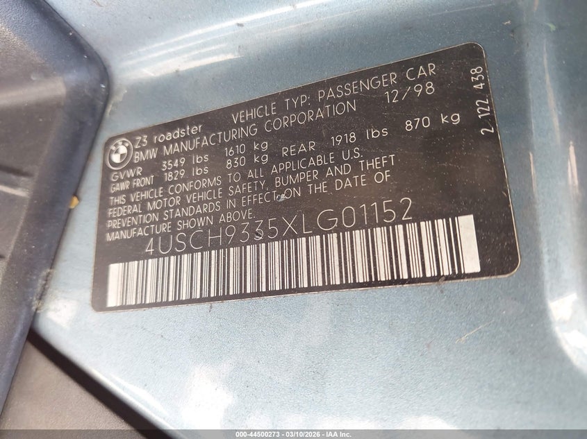 1999 BMW Z3 2.3 VIN: 4USCH9335XLG01152 Lot: 44500273