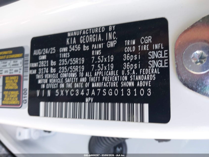 2025 Kia Ev6 Wind VIN: 5XYC34JA7SG013103 Lot: 44500287