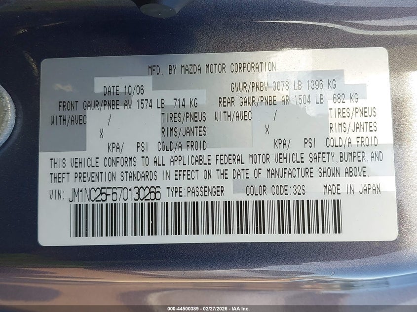 2007 Mazda Mx-5 Grand Touring VIN: JM1NC25F670130266 Lot: 44500389