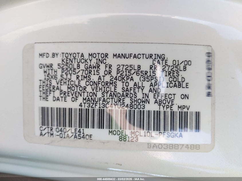 2000 Toyota Sienna Xle VIN: 4T3ZF13C4YU248003 Lot: 44500432