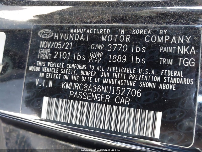 2022 Hyundai Venue Sel VIN: KMHRC8A36NU152706 Lot: 44500583