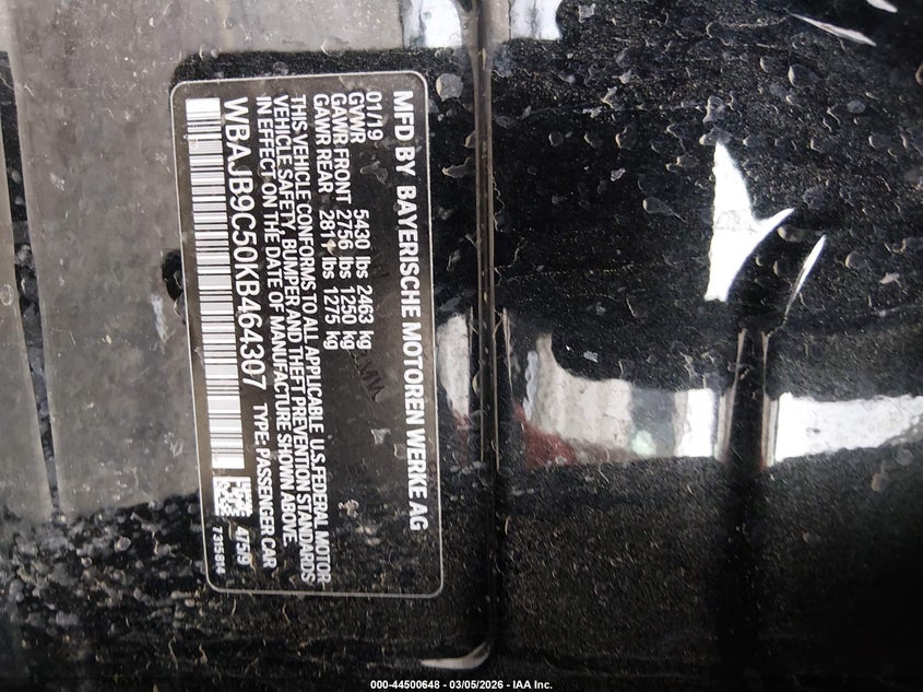 2019 BMW M550I xDrive VIN: WBAJB9C50KB464307 Lot: 44500648