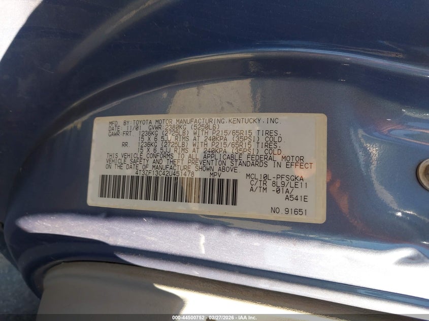 2002 Toyota Sienna Xle VIN: 4T3ZF13C42U451478 Lot: 44500752