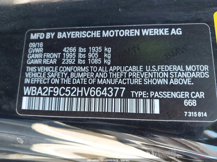 VIN: WBA2F9C52HV664377 2017 BMW 230I
