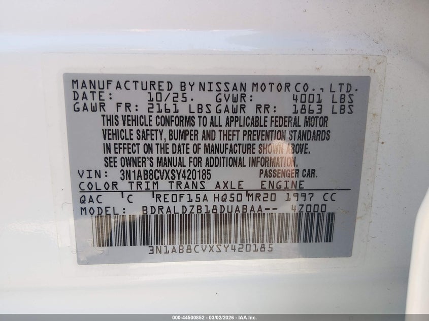 VIN 3N1AB8CVXSY420185 2025 NISSAN SENTRA SV