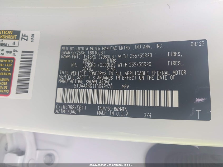 2026 Lexus Tx 350 Premium VIN: 5TDAAAB61TS049170 Lot: 44500866