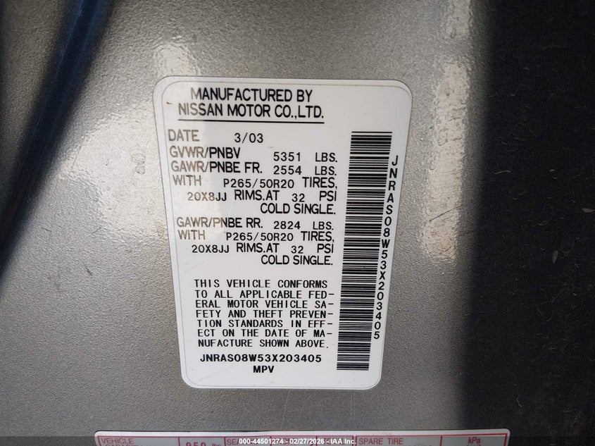 2003 Infiniti Fx35 VIN: JNRAS08W53X203405 Lot: 44501274