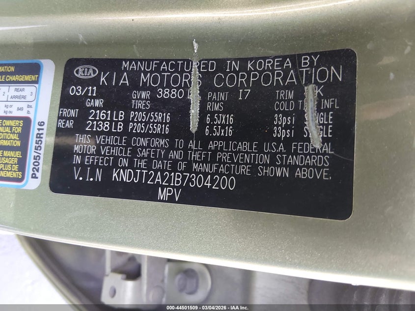 2011 Kia Soul + VIN: KNDJT2A21B7304200 Lot: 44501509