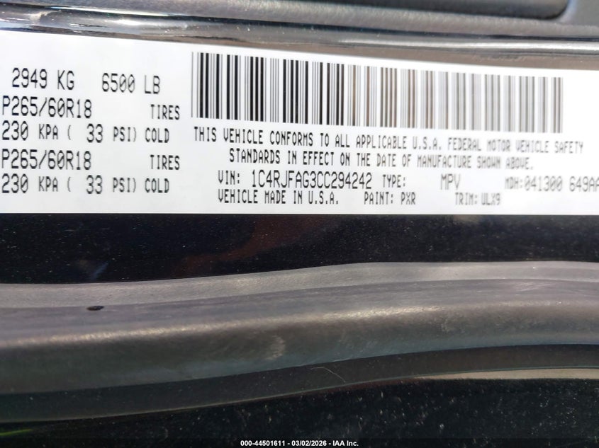 2012 Jeep Grand Cherokee Laredo VIN: 1C4RJFAG3CC294242 Lot: 44501611