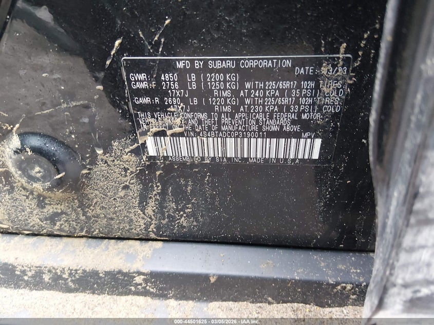 2023 Subaru Outback Premium VIN: 4S4BTADC0P3190011 Lot: 44501625