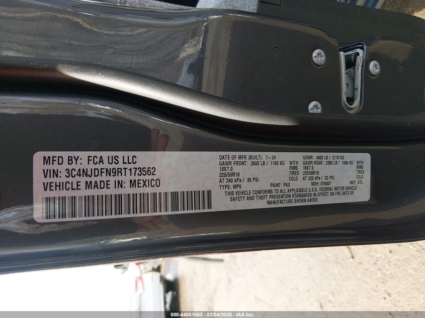 2024 JEEP COMPASS 2.0L I-4 DI, DOHC, V(VIN: 3C4NJDFN9RT173562