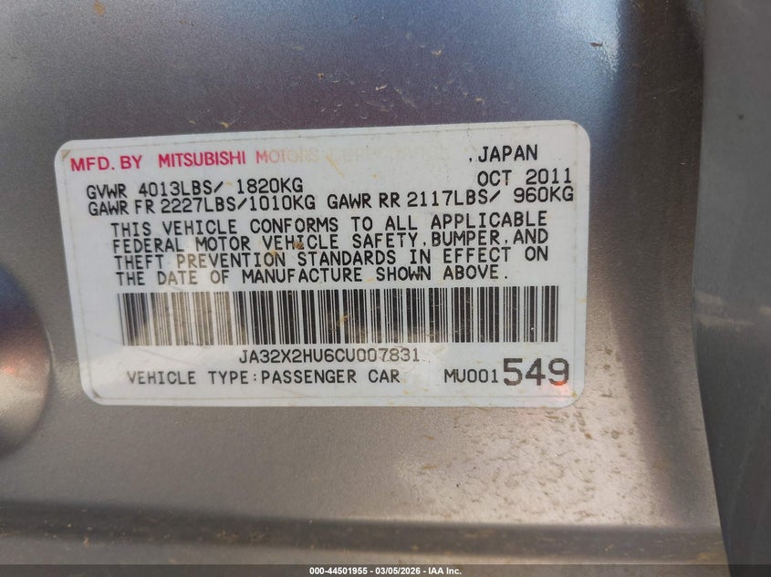2012 Mitsubishi Lancer 2.0 Sportback Es grey Lot 111044501955 Vin JA32X2HU6CU007831
