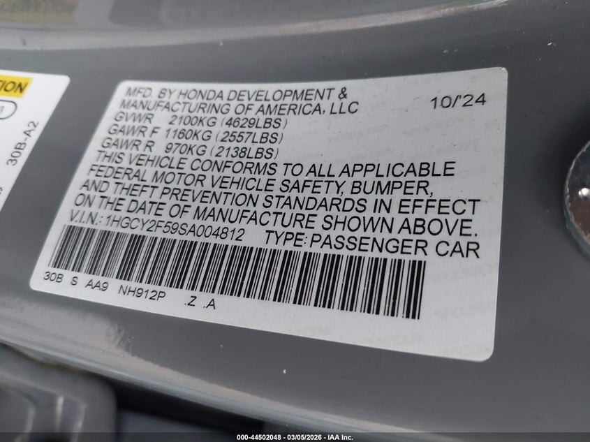 VIN 1HGCY2F59SA004812 2025 HONDA ACCORD HYBRID SPORT