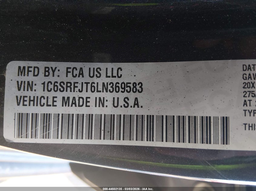 2020 Ram 1500 Laramie 4X4 5'7 Box VIN: 1C6SRFJT6LN369583 Lot: 44502135