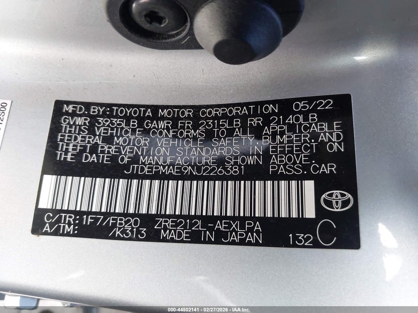 VIN JTDEPMAE9NJ226381 2022 TOYOTA COROLLA LE