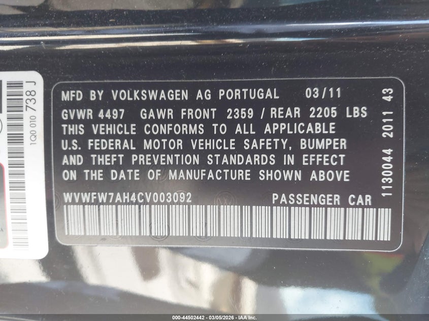 2012 Volkswagen Eos Executive VIN: WVWFW7AH4CV003092 Lot: 44502442