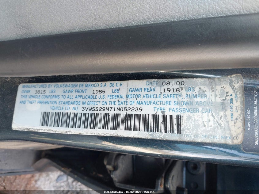 2001 Volkswagen Jetta Gls VIN: 3VWSS29M71M052239 Lot: 44502447