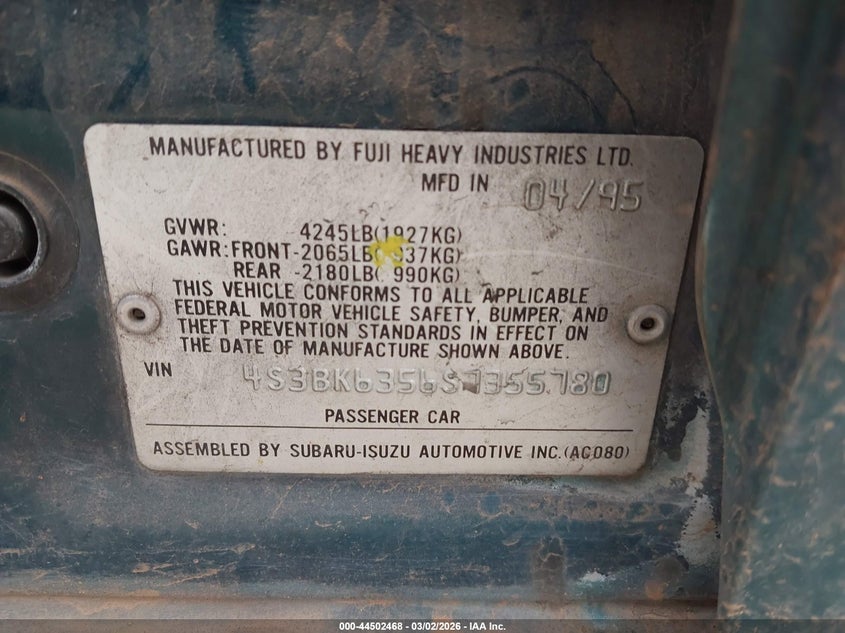 1995 Subaru Legacy L/Outback VIN: 4S3BK6356S7355780 Lot: 44502468