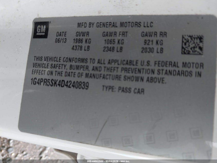 2013 Buick Verano Convenience Group VIN: 1G4PR5SK4D4240839 Lot: 44502500