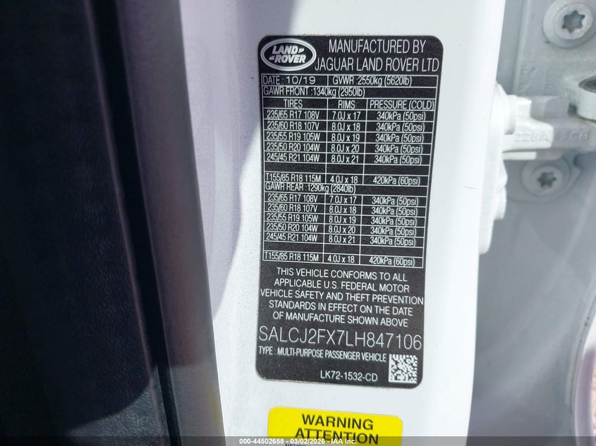 2020 Land Rover Discovery Sport S VIN: SALCJ2FX7LH847106 Lot: 44502658