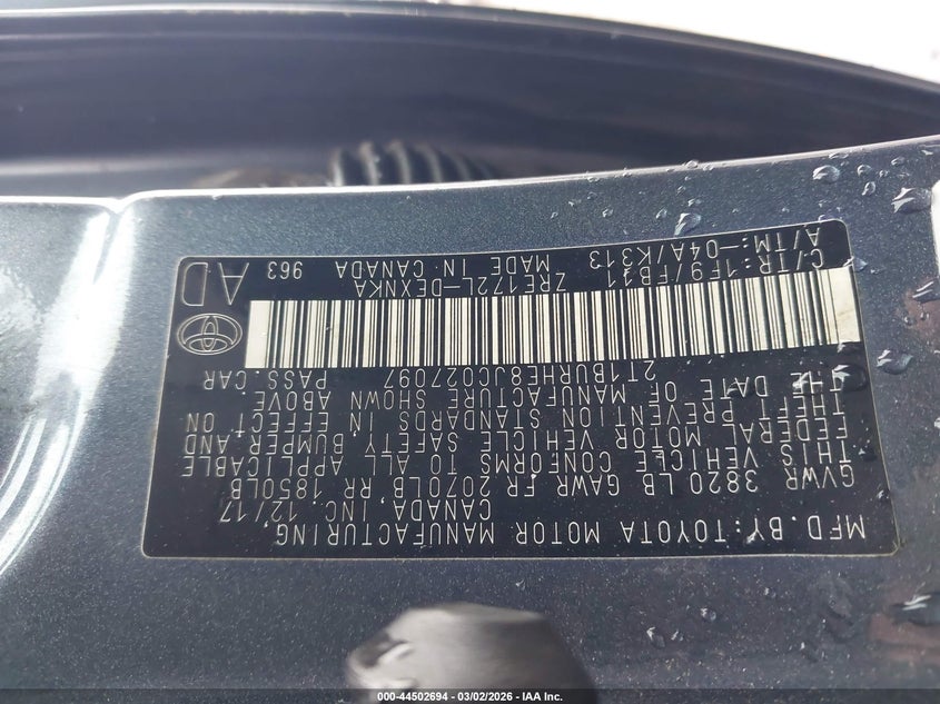 2018 Toyota Corolla Le VIN: 2T1BURHE8JC027097 Lot: 44502694