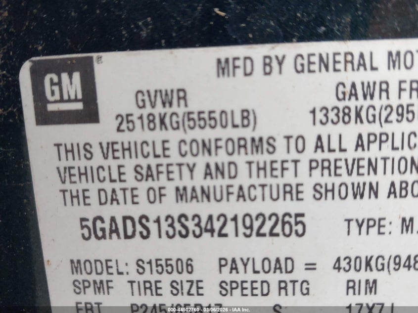 2004 Buick Rainier Cxl VIN: 5GADS13S342192265 Lot: 44502760