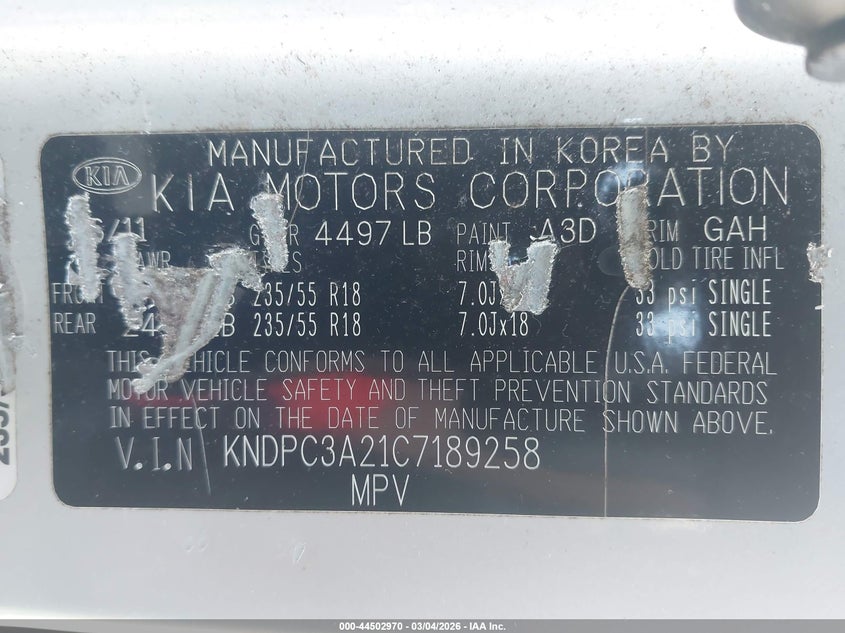 2012 Kia Sportage 2.4 Ex silver Lot 111044502970 Vin KNDPC3A21C7189258