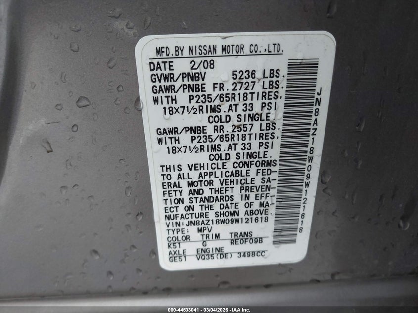 2009 Nissan Murano Sl VIN: JN8AZ18W09W121618 Lot: 44503041