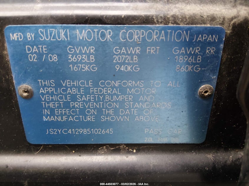 2008 Suzuki Sx4 VIN: JS2YC412985102645 Lot: 44503077