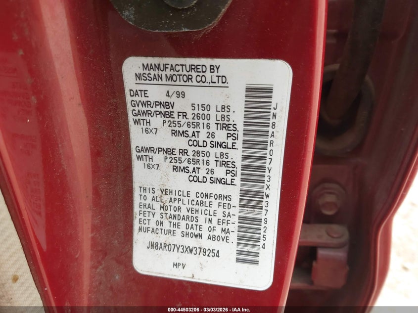 1999 Nissan Pathfinder Le/Se/Xe VIN: JN8AR07Y3XW379254 Lot: 44503206