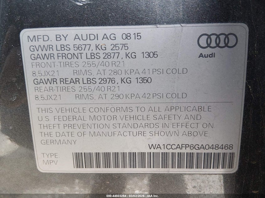 2016 Audi Sq5 3.0T Premium Plus VIN: WA1CCAFP6GA048468 Lot: 44503254