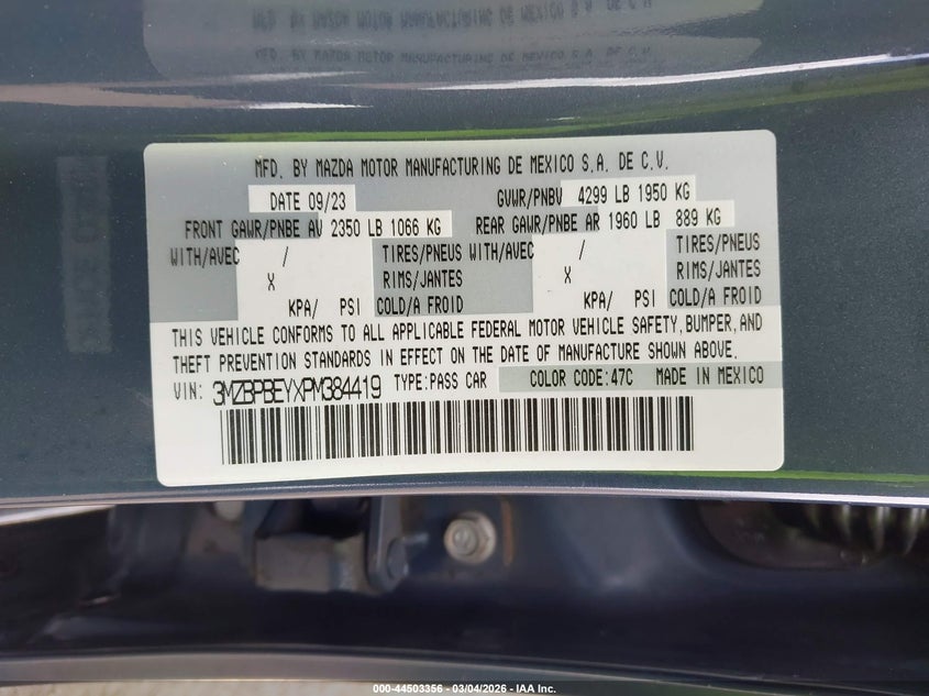 2023 MAZDA 3 SEDAN 2.5L I-4 DI, DOHC, VVT, TURBO, 227HP