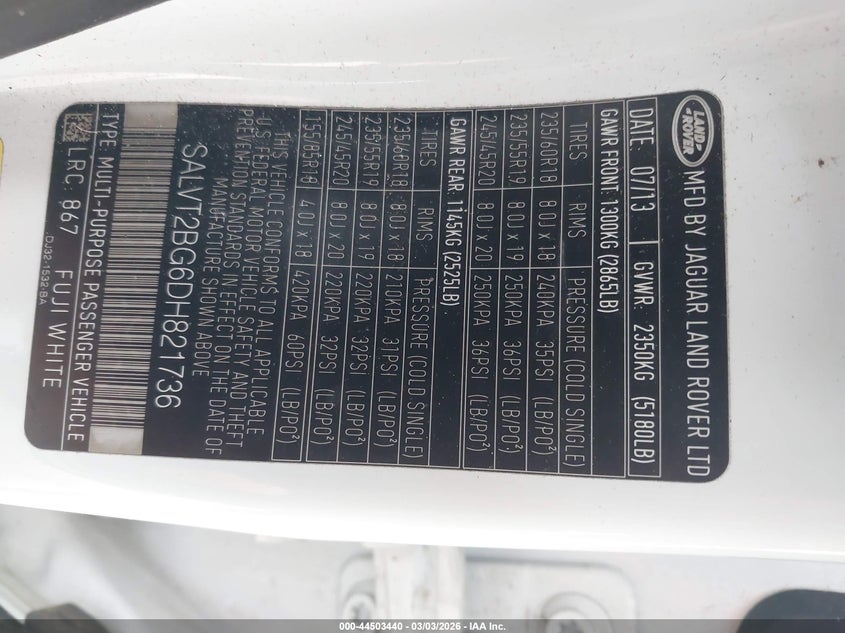 2013 Land Rover Range Rover Evoque Pure VIN: SALVT2BG6DH821736 Lot: 44503440