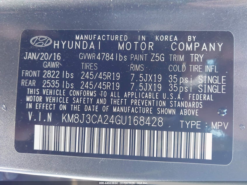 2016 Hyundai Tucson Limited VIN: KM8J3CA24GU168428 Lot: 44503654